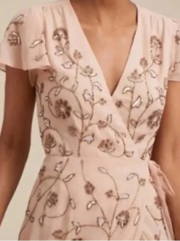 BHLDN Anthropologie Plymouth Floral Beaded Blush Maxi Wrap Dress | Size 4 - Image 2