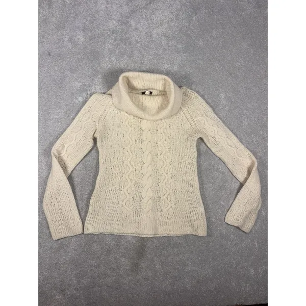 j crew black tag wool cable‎ knit turtleneck sweater beige loose knit med - Image 4