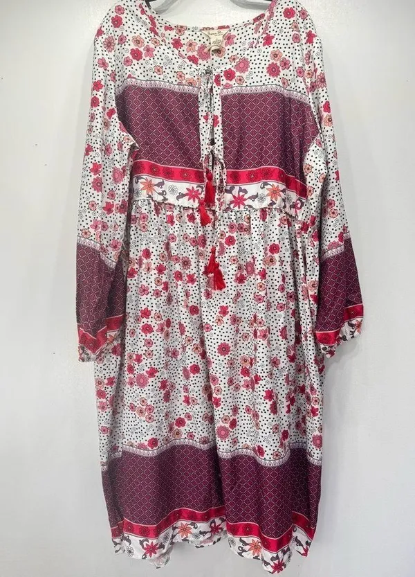 Gypsy Blu Boho Mixed Print Tassels Puff Sleeve Floral Midi Dress Size 3X NEW - Image 5