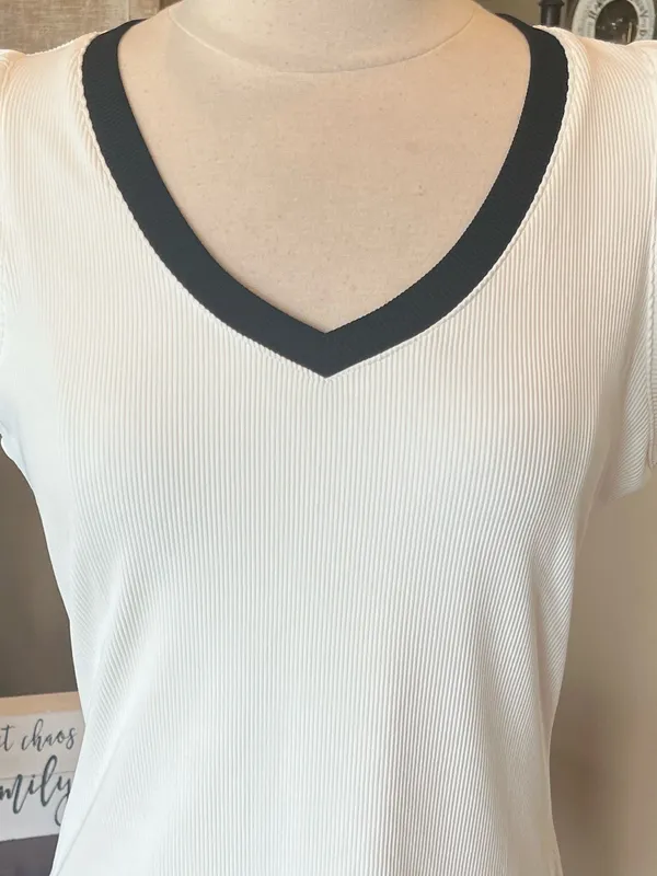 Women's off White V-Neck Ruffle Sleeve Top with Black Trim - Image 2