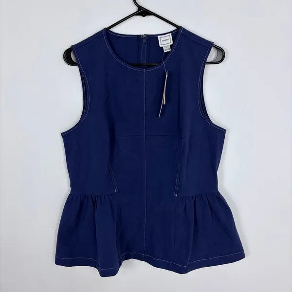 Maeve Anthropologie Crew-Neck Peplum Tank Top Navy Blue Preppy Clean Girl Size L - Image 2