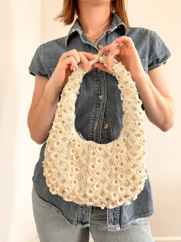Embellished Cream Floral Beaded Shoulder Bag - Image 4
