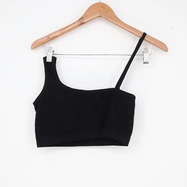 Black Asymmetrical Ribbed One Shoulder Crop Top Tank Bralette Medium - Image 4