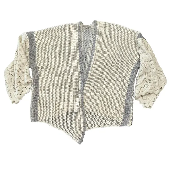 Anthropologie Crochet Bell Sleeve Cardigan Cream Gray Boho Oversized Knit - Image 6