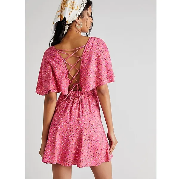 Free People Florence Lace-up-Back Mini Dress Pink Floral Small NWT - Image 2