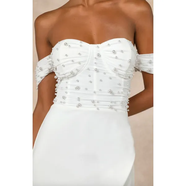 Lulus Immensely Charming White Mesh Pearl Bustier Maxi Dress Wedding Small NWT - Image 2