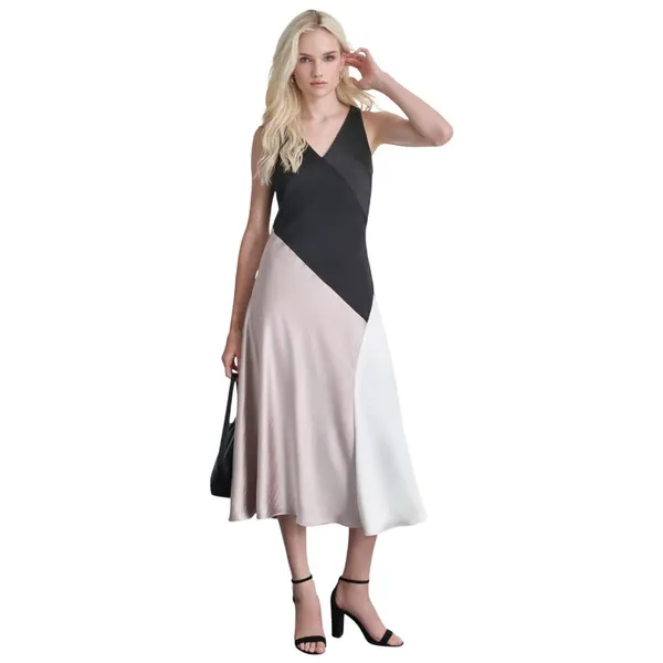 DKNY Satin Colorblocked Slip V Neck Midi Dress Black / Cloud / Eggshell 16 - Image 10