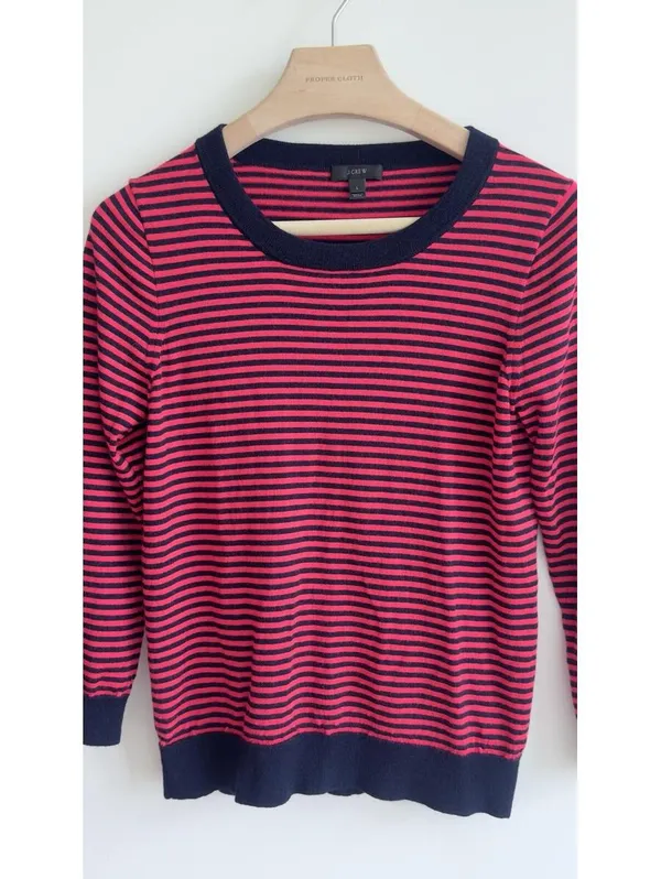 J.Crew 100% Merino Wool Striped Sweater Pink Navy Crewneck Women’s L - Image 5