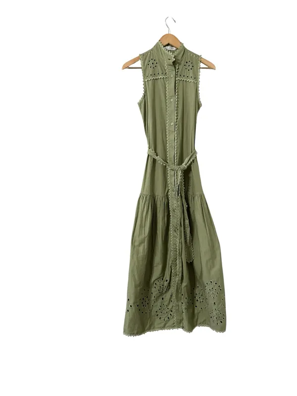 AVEC LES FILLES Eyelet Cotton Button Down Sage Green Maxi Dress - Image 5