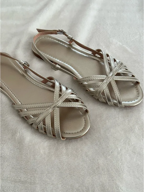 Gold Flat Strappy Sandals Size 7 - Image 2