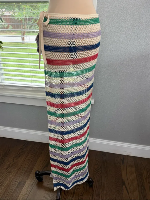 Pretty Little Thing Crochet Maxi Skirt with Multicolor Stripes Size XL Beach Cover Up - Image 3