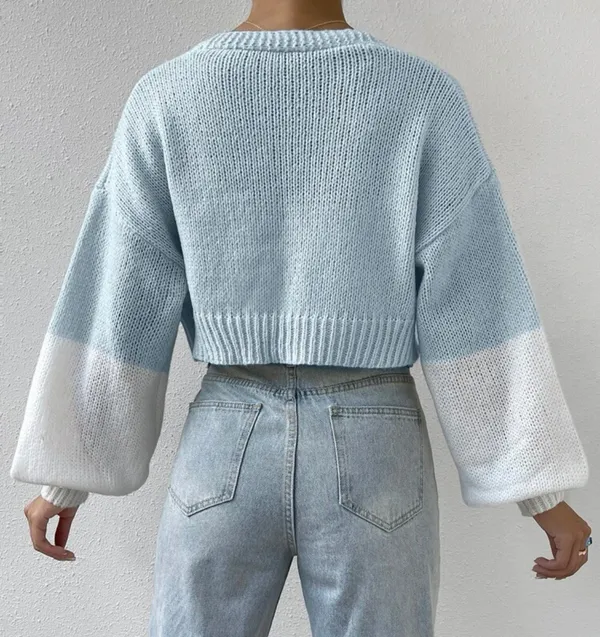 Floral cardigan sweater knit blue white cropped top long sleeve womens NWT NEW - Image 10