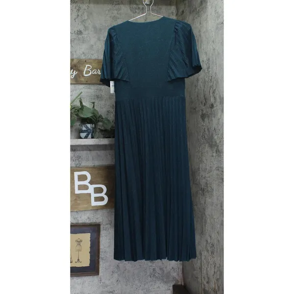 NWT SLNY Womens Lurex Surplice Neck Pleated Dress 9128105 Spruce Green 4 - Image 4