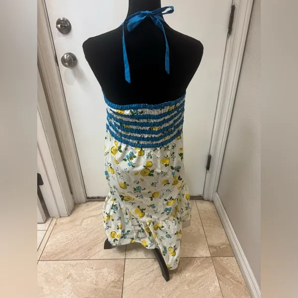 Lemon Floral Halter Dress with Blue Accents 34 bust size small women's midi - Image 3
