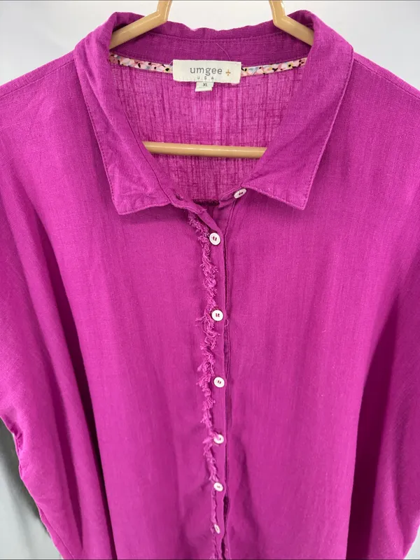 Umgee Fuchsia Button-Down Shirt with Frayed Placket XL oversized linen blend - Image 3
