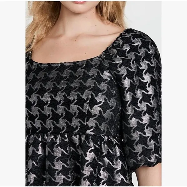 NEW Anthropologie Balloon Sleeves Dress XSMALL DAMASK houndstooth Silver Black - Image 2