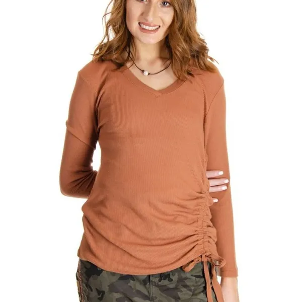Democracy Women's Size Medium‎ Side Ruched V-Neck Blouse in Bran Burnt Orange - Image 2