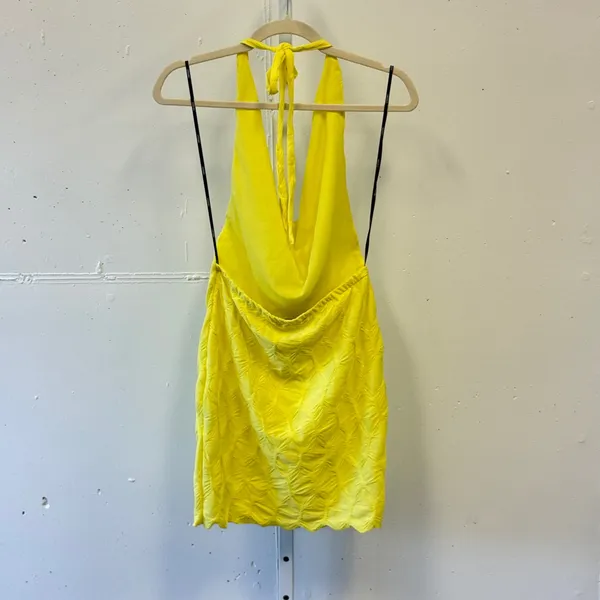 Forever 21 Yellow Textured Cowl Neck Halter Mini Dress Open Back Medium - Image 2