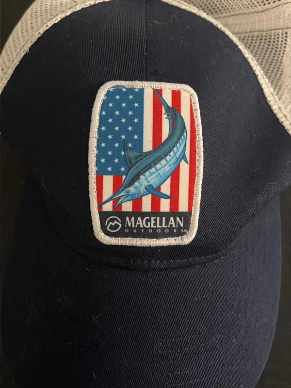 Magellan Outdoors Navy and White Trucker Hat with Marlin Patch - Image 2