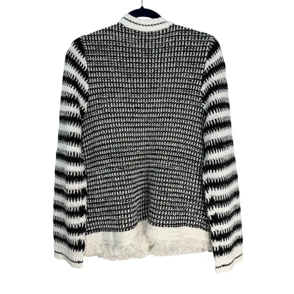 Talbots Black White Striped Knit Open Front Fringe Cardigan‎ Sweater Women's L - Image 6