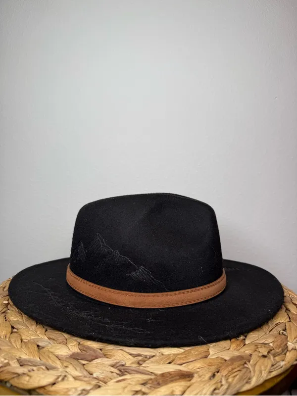 WR Black Felt Western Hat Fedora Mountain Forest hand Etching Cowboy Brown Band - Image 4