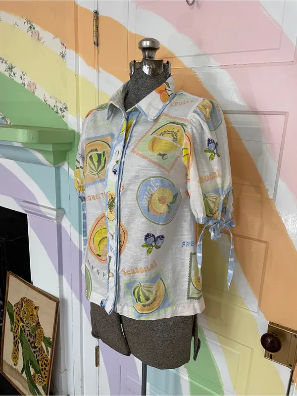 Prosperina Clementine Multi Print Cotton Linen Button Front Tie Sleeve Top 💛🎀 - Image 6