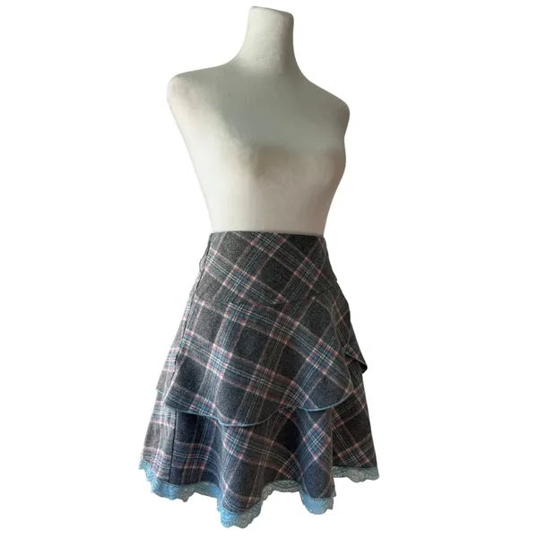 Freebird Gray & Blue Plaid Tiered Lace Hem Mini Skirt - Image 5