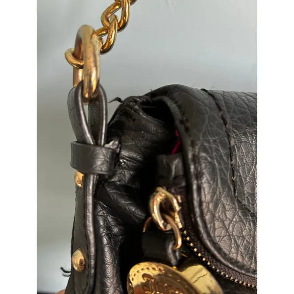 Juicy Couture Black Pebbled Hobo Shoulder Bag Gold Chain Pink Interior - Image 8