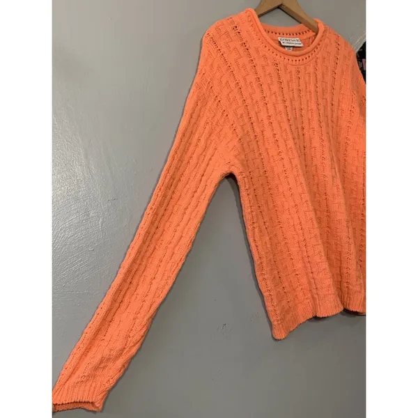 Vintage 80s Cotton Sweater Size Large Orange Roll Neck Hem Fisherman Dopamine - Image 2