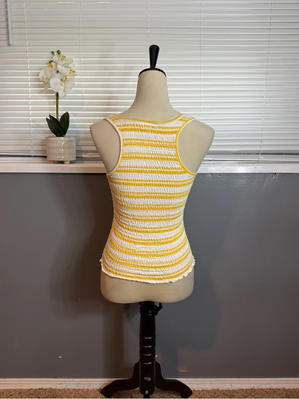 SO Yellow White Smocked Tank Top Size Small 100% Cotton Summer Beach - Image 5