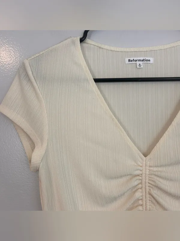 Reformation Mariam Short Sleeve Cream/Ivory Knit Ribbed Top Size Small - Image 4