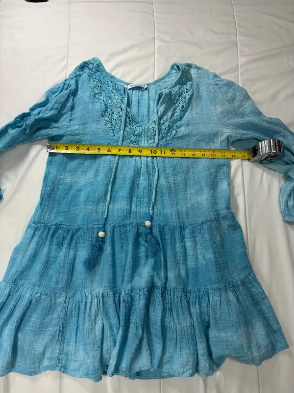 Blue Island Turquoise Boho Tiered Mini Dress Crochet Lace babydoll Cover Up Chic - Image 5