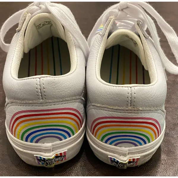 Vans x Flour Shop White Old Skool Leather Rainbow Sneakers Women’s 9 Pride Fun - Image 3