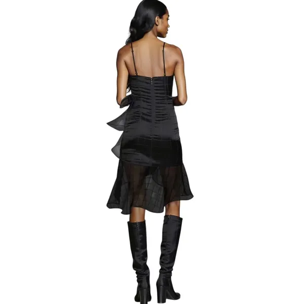 NY&Co Dress Day Black Ruffle Wrap Midi Dress Medium Sheer Organza Cocktail NWT - Image 4