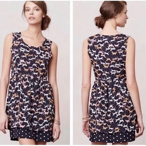Anthropologie Porridge Petaluma Peep Hem Dress Navy Horse Print & Polka-Dot Hem - Image 2