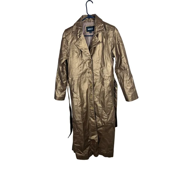 Metrostyle Women Metallic Bronze Genuine Leather Trench Coat Long Belted Small - Image 9