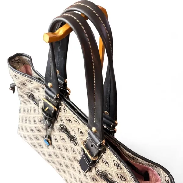 Dooney & Bourke Signature DB Monogram Canvas Tote Brown Leather Y2K Large - Image 8