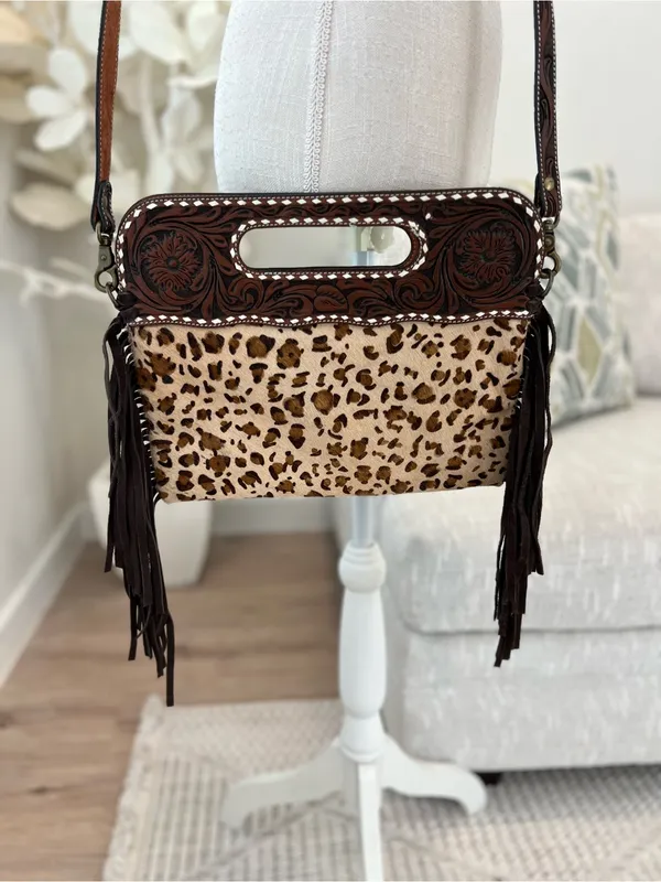 Rafter T Ranch Co Women's Brown Leopard Leather Crossbody Bag with Fringe - Image 2