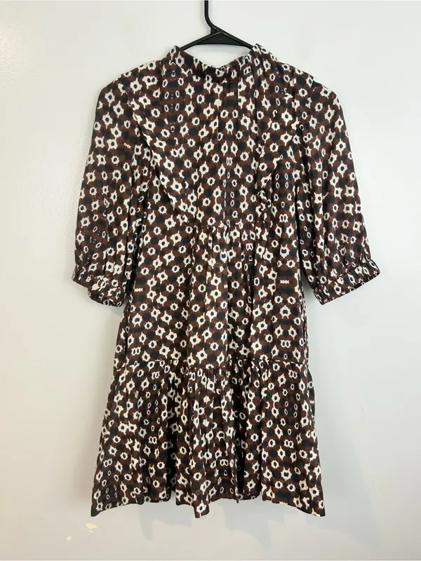 Sea Brown Abstract Mixed Print High Neck Ruffle Tiered Mini Dress Size 0 - Image 2