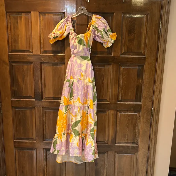 NWT Sabo Skirt Poppi Floral Cutout Tiered Maxi Dress Lavender‎ Orange Medium - Image 5
