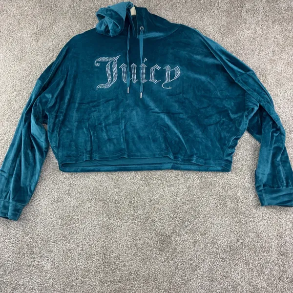 Juicy Couture Velour Cropped Hoodie‎ Women L Blue Rhinestone Logo Y2K McBling - Image 2