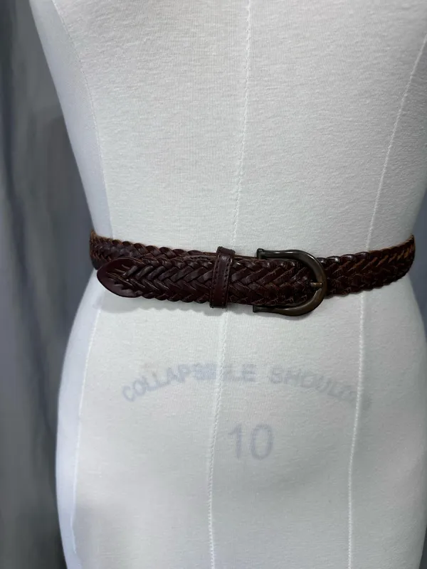 Vintage Brown Leather Belt Braided Woven Women 36 Adjustable Preppy Hippie - Image 2