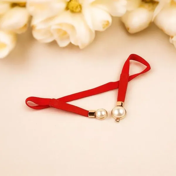 Red & gold pearl‎ belt Imitation Pearl Pair Buckle Thin Belt Monochrome Elastic - Image 8