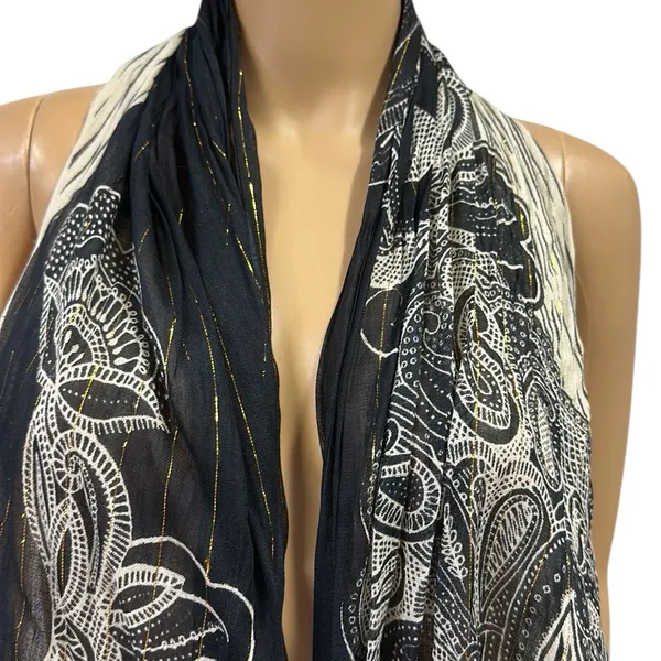 Source Unknown Rayon Scarf Wrap Sarong Black Metallic Gold Cream 22 x 72 Inches - Image 3