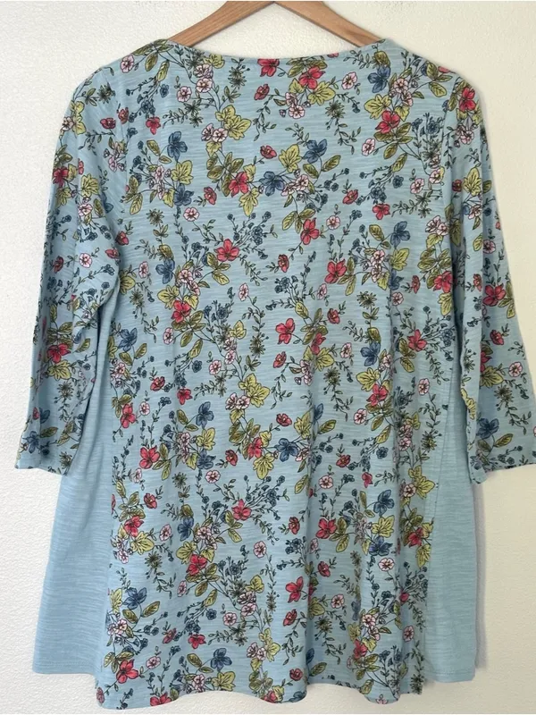 J Jill 100% Cotton Blue Floral 3/4 Sleeve Tunic Round Neck Lagenlook Classic - Image 10