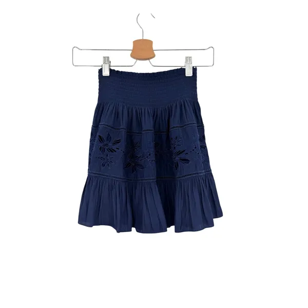 Ramy Brook Floral Eyelet Smocked Tiered Ruffle Mini Skirt Navy Blue Size XS - Image 4