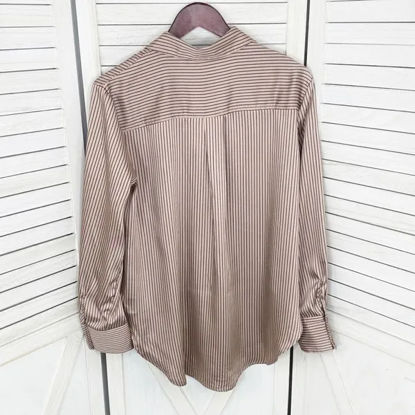 The Workshop Satin Pinstripe Oversized Button Up Shirt Mocha Medium Boyfriend‎ - Image 11