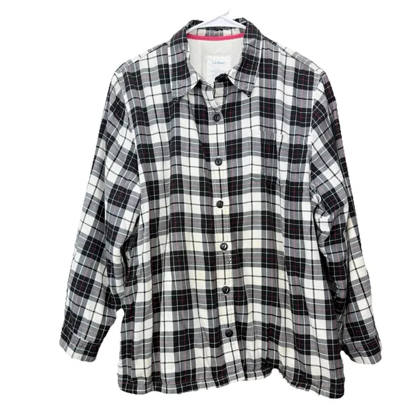 LL Bean Plaid Sherpa‎ Fleece Lined Flannel Shirt Jacket Shacket Size LARGE - Image 2