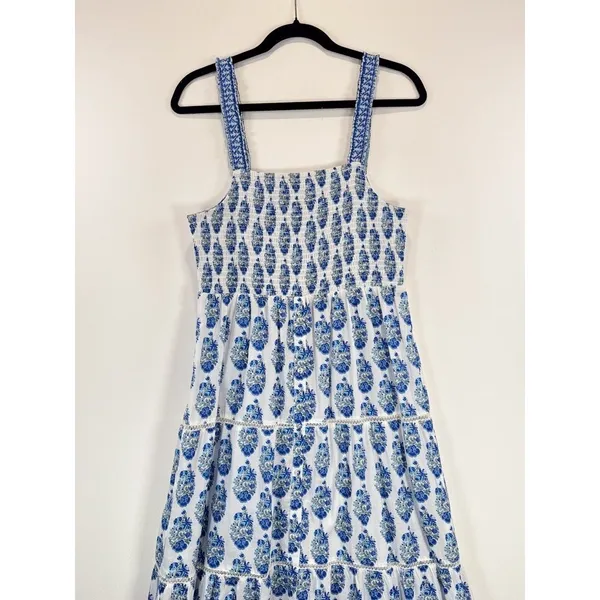 Playa Lucila Maxi Dress Blue Smock Border Tiered Sleeveless Sundress Boho Large - Image 6