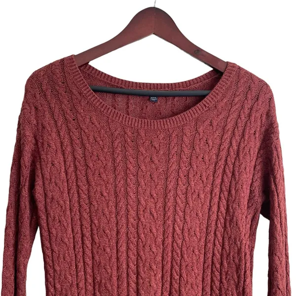 American Eagle Womens Sweater M Rust Cable Knit Crew Neck‎ Pullover Zipper Sides - Image 8